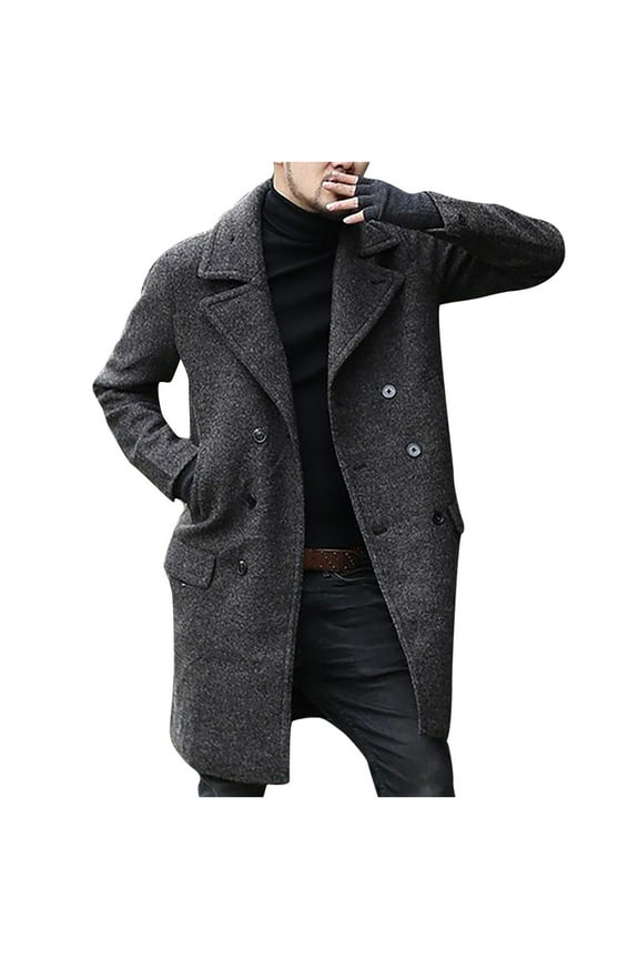 Men's Winter Wool Blend Overcoat Double Breasted Pea Coat Slim Fit Notch Lapel Business Warm Long Trench Coat with Pockets Gray S