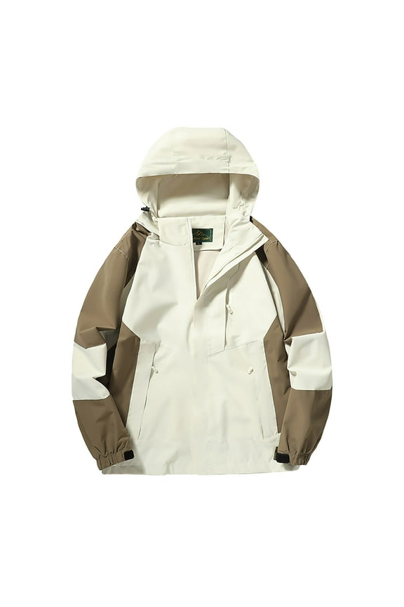 Men's Women's 3-in-1 Ski Jacket Windproof Waterproof Raincoat Color Block Long Sleeve Fleece Insulated Winter Hooded Coat Beige XXXL