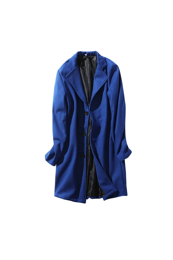 Men's Wool Blend Overcoat Notched Lapel Single Breasted Long Winter Warm Trench Coat Business Outwear Blue XXL