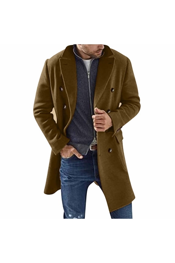 Men's Wool Blend Overcoat Winter Warm Double Breasted Long Trench Coat Business Outwear Overcoat with Two Pockets Brown XXL