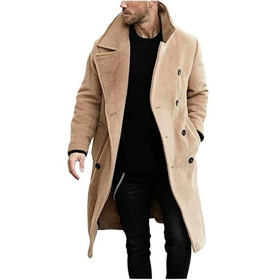 YLSDY Men's Wool Blend Peacoat Mid-Length Trench Coat Winter Warm Overcoat Slim Fit Business Outwear with Buttons Khaki L