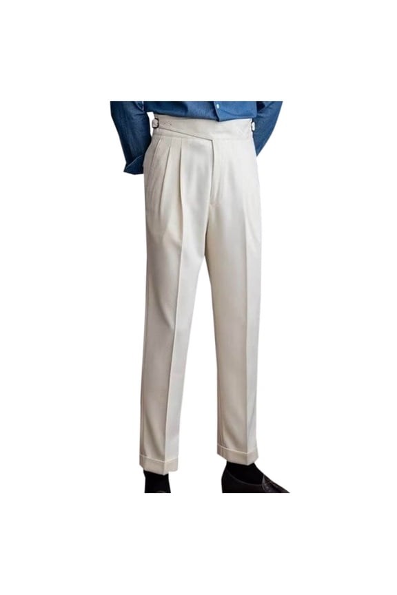 Men's Wool Blend Vintage Style High Waist Pleated Straight Leg Dress Pants with Belt Loops Beige M