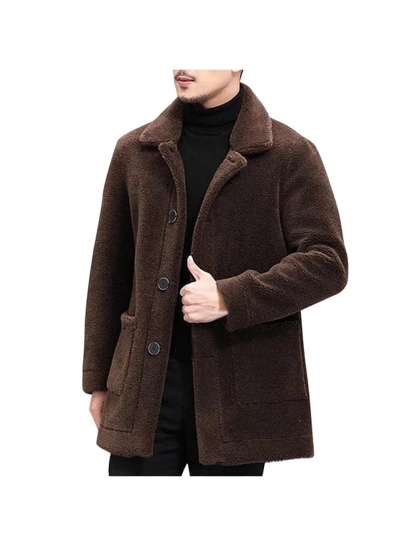 Men's Wool Overcoat Wool Coat Winter Warm Long Sleeve Button Up Coat Outerwear Jacket Plus Size Windbreakers Overcoat Coffee L