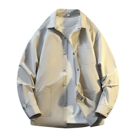 YLSDY Men's Work Cargo Jackets Long Sleeve Collared Coat Solid Color Buttons Lapel Casual Overcoat with Pockets White XXXL