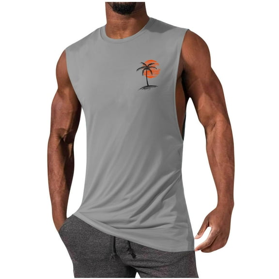 YLSDY Men's Workout Tank Tops Gym Cut Off Sleeveless T Shirt Bodybuilding Fitness Muscle Athletic Tank Top Palm Tree Shirts Tee Gray M