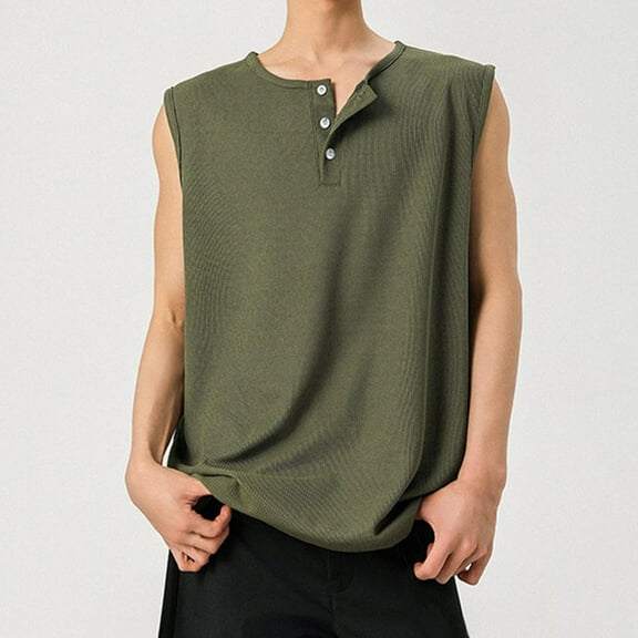 YLSDY Men's Workout Tank Tops Sleeveless Muscle Gym Slim Fit Henley Shirt Casual Button Up Basic Summer Beach Vacation Top Army Green XXXL