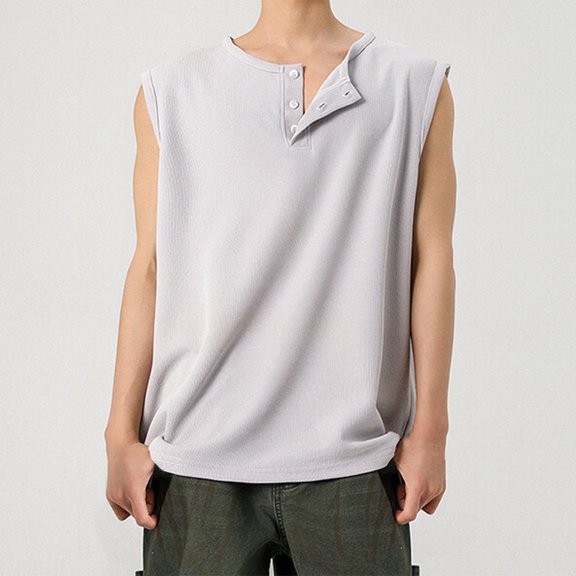 YLSDY Men's Workout Tank Tops Sleeveless Muscle Gym Slim Fit Henley Shirt Casual Button Up Basic Summer Beach Vacation Top Gray XXL