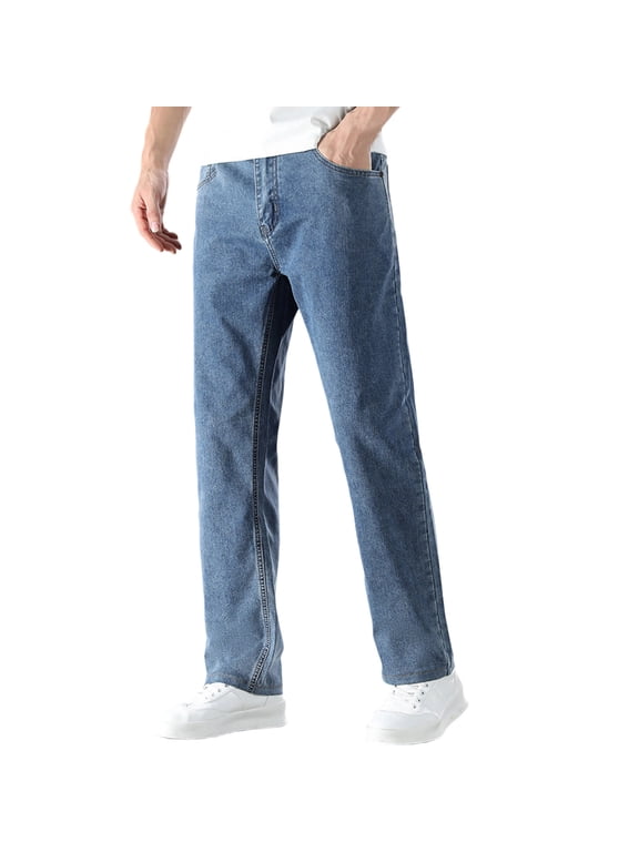 Men's Zipper Fly Straight Denim Jeans, Button Waist, Basic Casual Daily Wear Denim Pants Navy XS