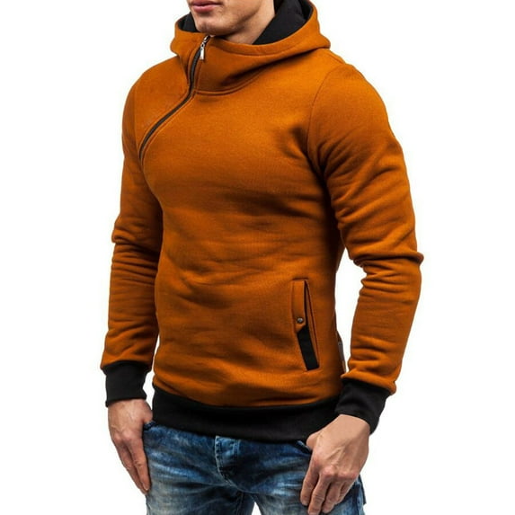 YLSDY Men's Zipper Hoodie Long Sleeve Sweatshirt Asymmetrical Zipper Solid Color Hooded Sweatshirt Pullover Top with Orange XXL