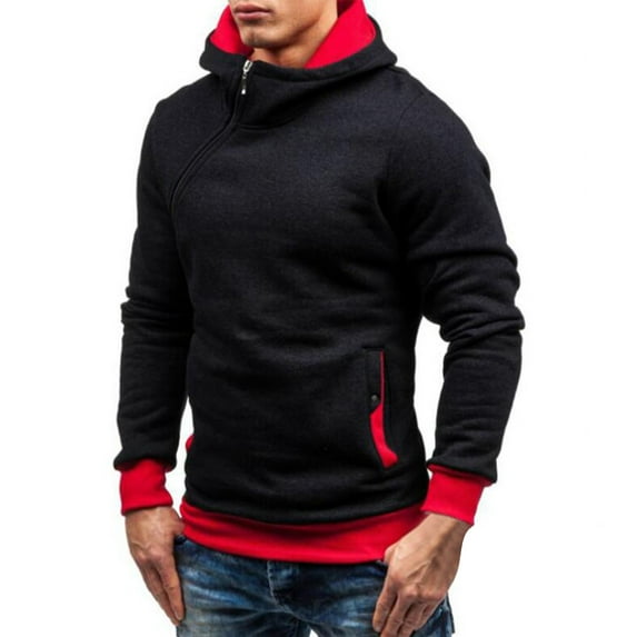YLSDY Men's Zipper Hoodie Long Sleeve Sweatshirt Asymmetrical Zipper Solid Color Hooded Sweatshirt Pullover Top with Red XXL