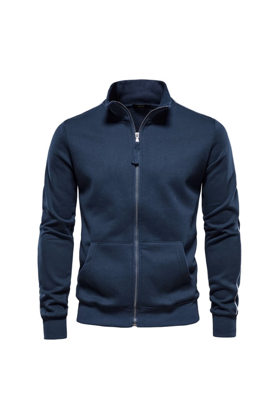 Men's Zipper Hoodie Sweatshirt Long Sleeve Solid Color Track Jacket Navy L