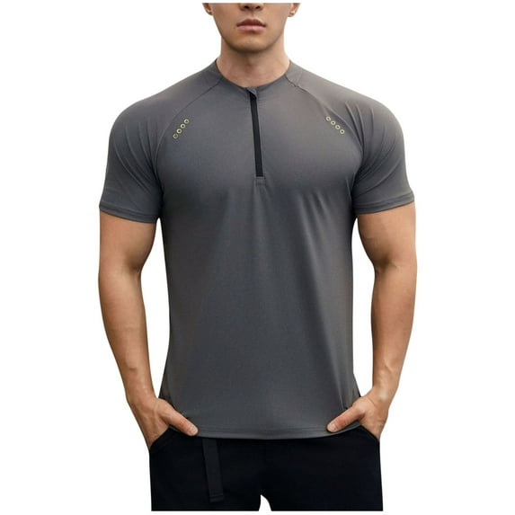 YLSDY Mens 1/4 Zip Compression T Shirt Slim Fit Gym Workout Shirts Short Sleeve Crew Neck Trendy Tees Outdoor Running Top Gray XL
