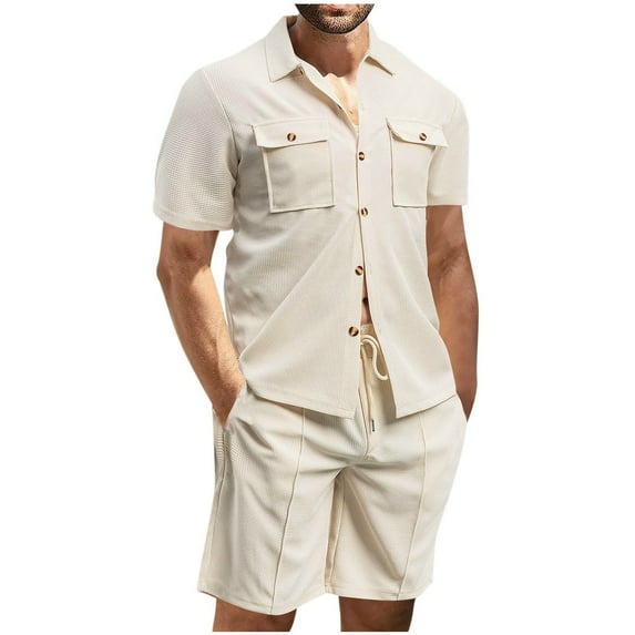YLSDY Mens 2 Piece Outfits Summer Men's Short Sleeve Button Shirt Casual Holiday Solid Shirts Tops Shorts Outfits Khaki XXL
