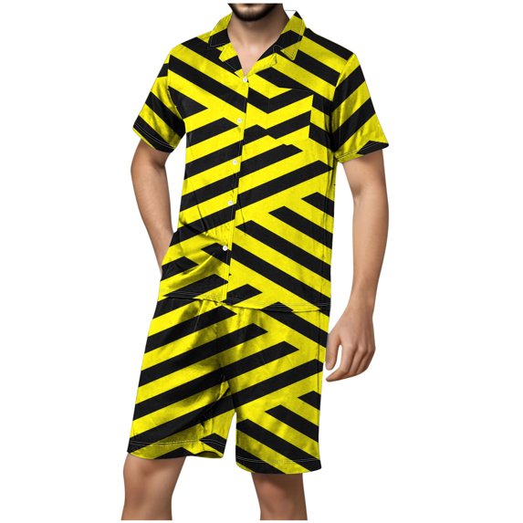 YLSDY Mens 2 Piece Short Sets Outfits Striped Color Blocked Short Sleeve Button Down Shirts and Beach Shorts Sets Summer Casual Outfits Yellow 4