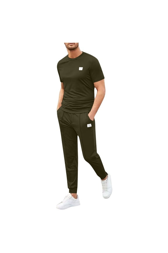 Mens 2 Piece Sweatsuits Outfits Short Sleeve Pullover Loungewear & Joggers Sweatpants Summer Casual Track Suits Set Army Green M