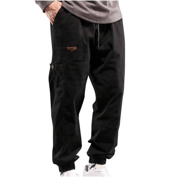 YLSDY Mens Baggy Cargo Pants Outdoors Sports Pants Drawstring Casual Loose Fit Elastic Waist Cotton Twill Cargo Pants Black 12