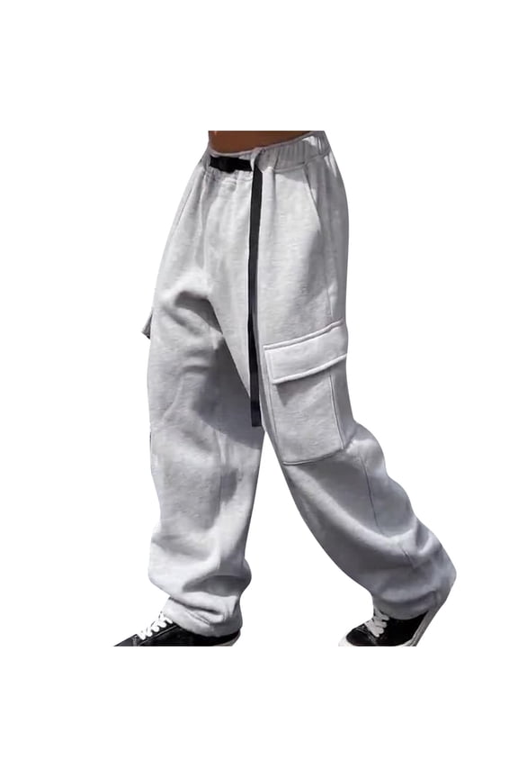 Mens Baggy Cargo Pants Stretchy Waisted Wide Leg Slacks Fashion Y2k Multi-Pocket Straight Leg Trousers Warm Sweatpants Gray 10
