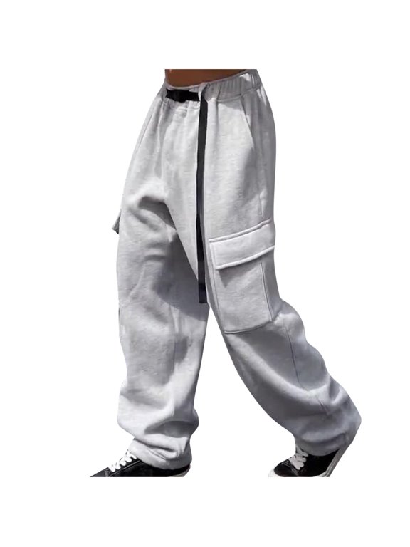 Mens Baggy Cargo Pants Stretchy Waisted Wide Leg Slacks Fashion Y2k Multi-Pocket Straight Leg Trousers Warm Sweatpants Gray 10
