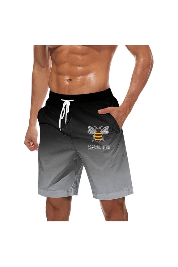 Mens Bee Festival Print Board Shorts 11 Inch Inseam with Pockets Drawstring High Waisted Swimming Trunks Casual Baggy Beach Shorts Black L
