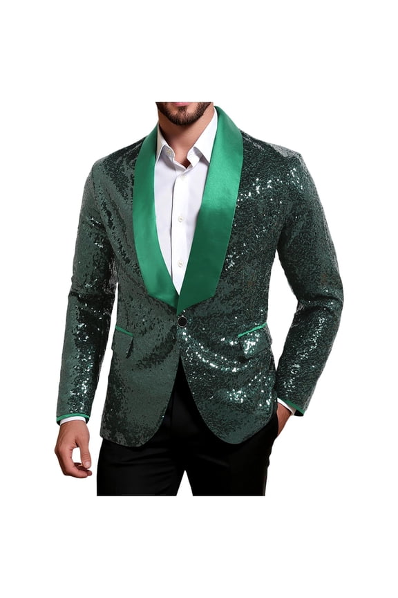 Mens Blazer Sequins Casual One Button Sport Coats Fashion Pure Color Dressy Tops Slimming Fit Cocktail Party Jackets Green S