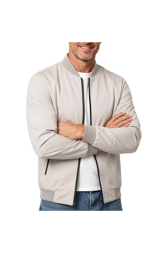 Mens Bomber Jacket Regular Short Baseball Collar Full Zip Outer Coat, Dual Zip Side Pockets Ribbed Trims for Office Runs Daily Errands Beige M