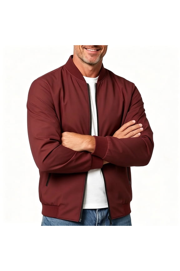 Mens Bomber Jacket Regular Short Baseball Collar Full Zip Outer Coat, Dual Zip Side Pockets Ribbed Trims for Office Runs Daily Errands Red M