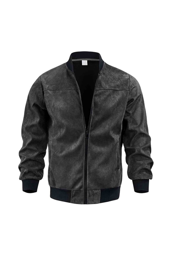 Mens Bomber Jacket Regular Short Baseball Collar Full Zip Outer Coat, Ribbed Trims Side Storage Pockets for Downtown Meetups Bar Visits Black L