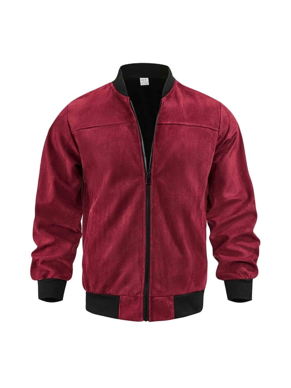 Mens Bomber Jacket Regular Short Baseball Collar Full Zip Outer Coat, Ribbed Trims Side Storage Pockets for Downtown Meetups Bar Visits Red L