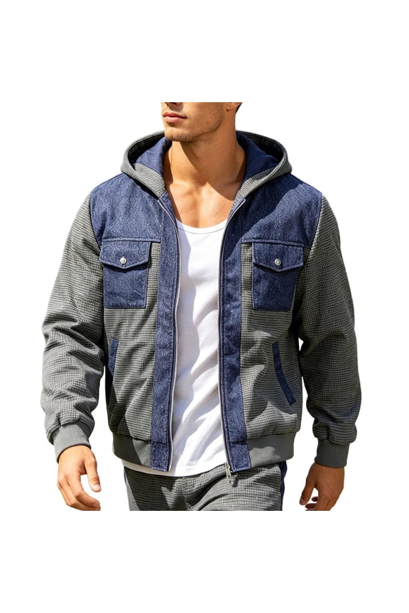 Mens Bomber Jacket Relaxed Short Hooded Mixed Panel Zip Outer Coat, Dual Snap Chest Pockets Ribbed Trims for Street Wanders Casual Meetups Gray XXL