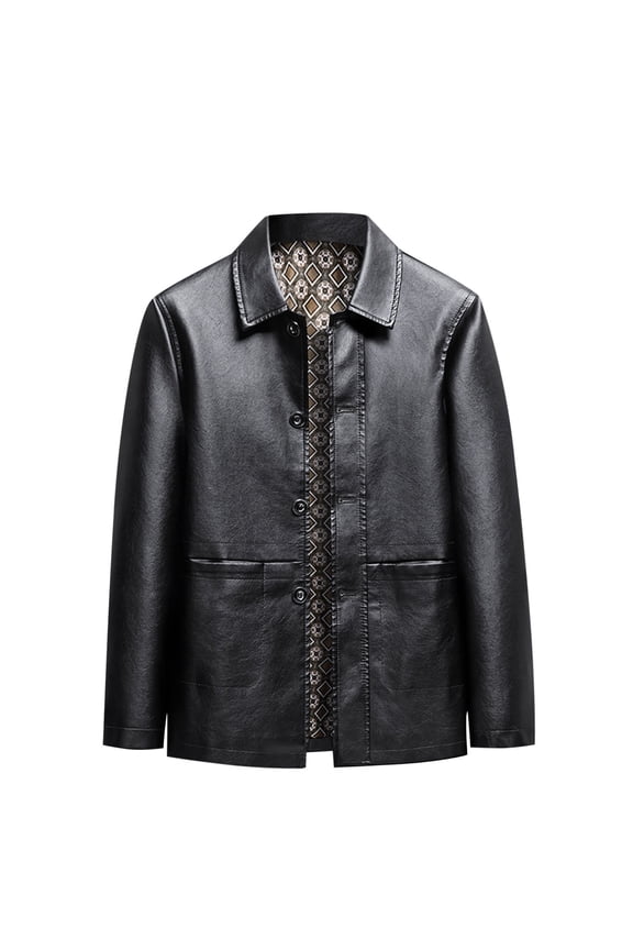 Mens Business Leather Jacket Collared Fall Oversized Full Zip Coat Buttons Pu Steampunk Motorcycle Overcoat Black L
