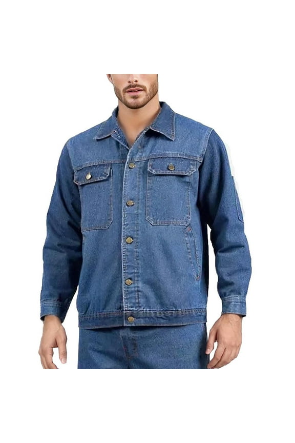 Mens Button Down Denim Jacket, Washed Ripped Distressed Flex Stretch Casual Trucker Biker Jeans Jacket for Men Blue M