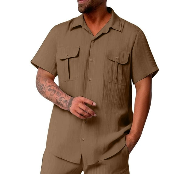 YLSDY Mens Button Down Shirt Regular Fit Short Sleeve Casual Stylish Beach Shirts Vintage Basic Collared Shirt with Pockets Brown XL