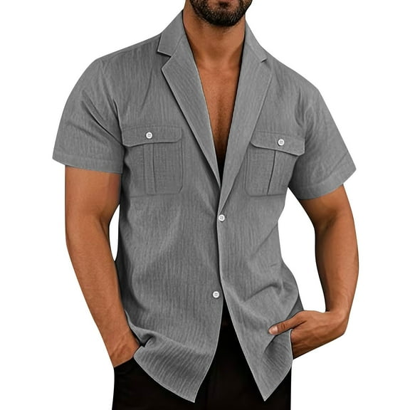 YLSDY Mens Button Down Shirts Casual Stylish Vacation Short Sleeve Pearl Snap Shirt Cowboy Untucked Camp Collared Shirts Gray XXL