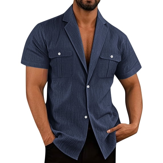 YLSDY Mens Button Down Shirts Casual Stylish Vacation Short Sleeve Pearl Snap Shirt Cowboy Untucked Camp Collared Shirts Navy L