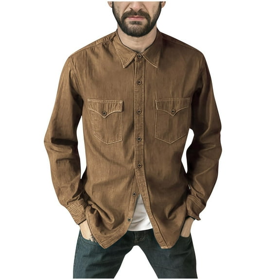YLSDY Mens Button Up Shirts Casual Stylish Long Sleeve Pearl Snap Shirts Vintage Untucked Cowboy 1950s Dresses Clothes Khaki S
