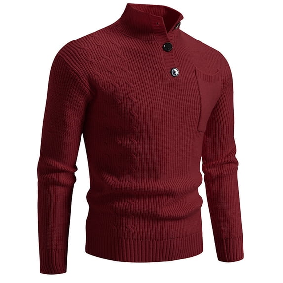 YLSDY Mens Buttons Mock Neck Solid Color Sweater Long Sleeves Warm Pullover Fall Casual Knitwear Jumpers Wine L