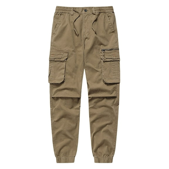 YLSDY Mens Cargo Joggers–Slim Fit Flex Work Pants with Belt Loops Elastic Waist Zipper Pockets Drawstring Waist Outdoor Pants Khaki S