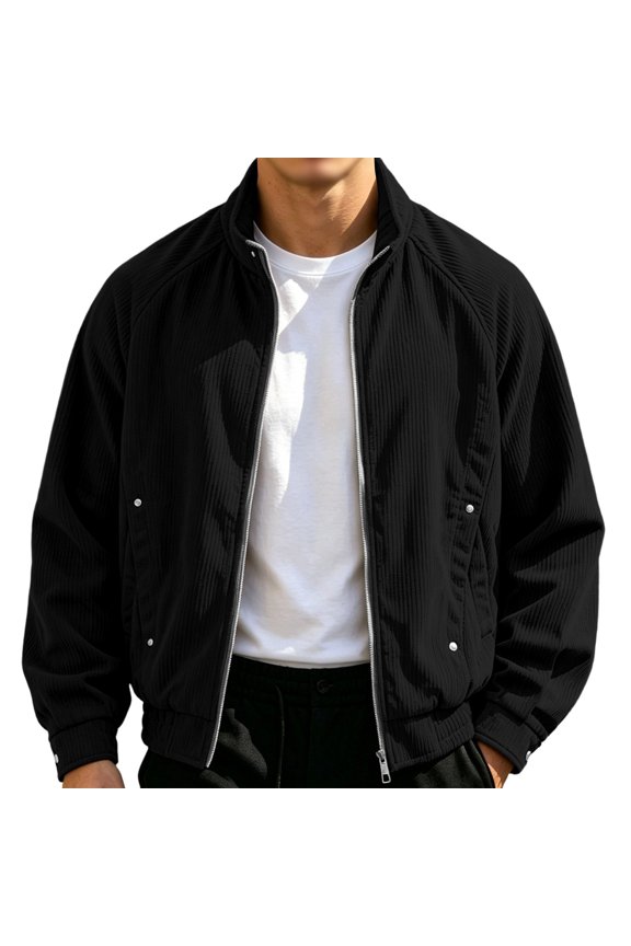 Mens Casual Bomber Jacket Regular Short Stand Collar Raglan Sleeve Zip Outer Coat, Vertical Ribbed Texture Side Slip Pockets Elastic Trims for Road Trips Daily Commutes Black XXXXL