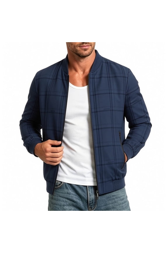 Mens Casual Bomber Jacket Standard Short Baseball Collar Zip Outer Coat, Plaid Textured Fabric Side Slip Pockets for Cafe Meetups Weekend Walks Dark Blue M