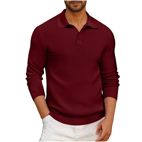 YLSDY Mens Casual Knit Button Collared Shirt Solid Color Long Sleeve Collared Top Tshirt Basic Button Up Pullover Sweater Golf Shirt Wine M