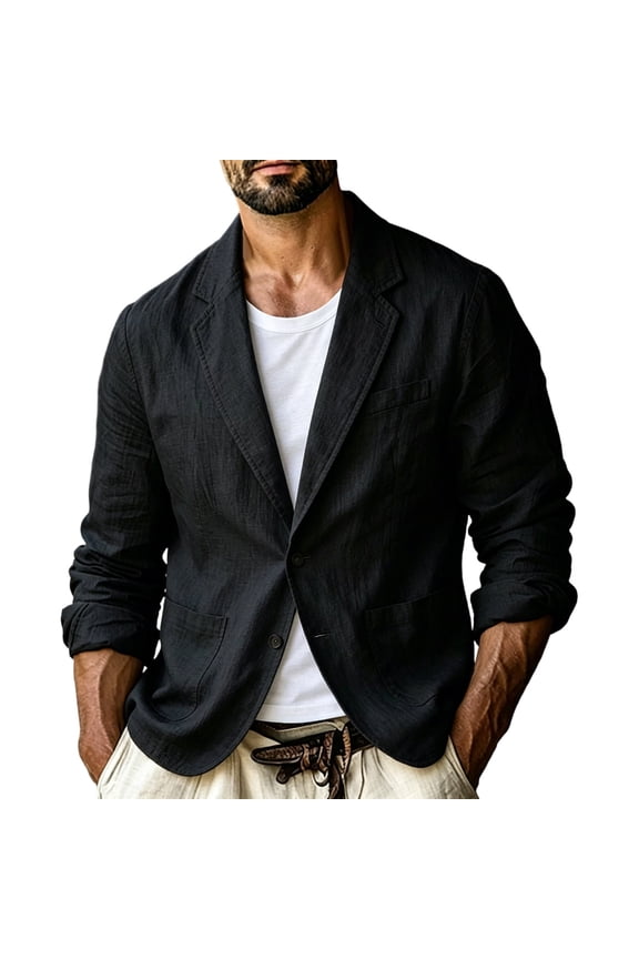 Mens Casual Linen Blazer Men Mid Two Button Outer Coat, Relaxed Unstructured Fit Side Pockets for Semi Formal Daily Work Black L