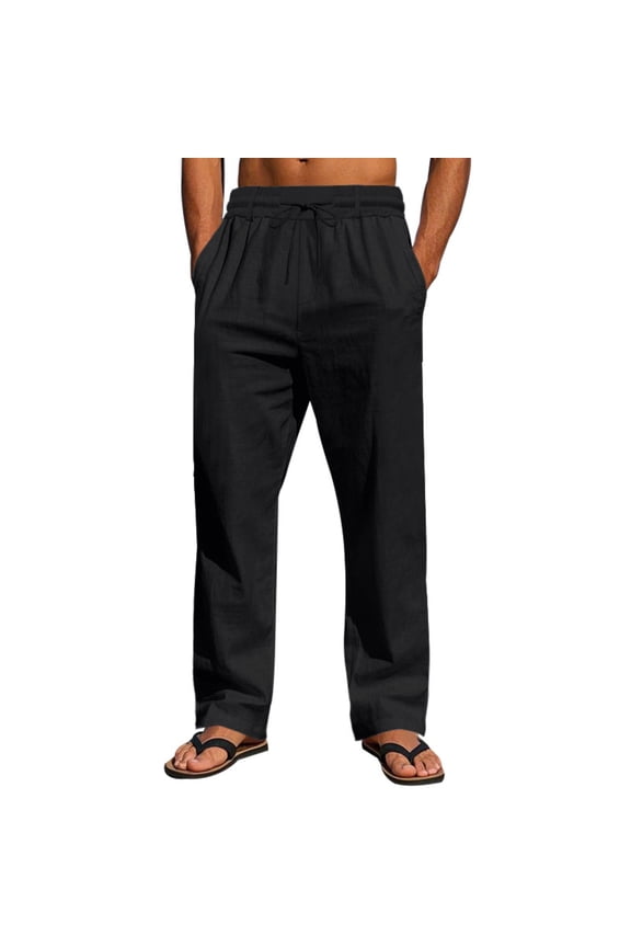 Mens Casual Linen Pants Loose Fit Elastic Drawstring Waist Straight-Legs Summer Yoga Beach Long Pants Black L