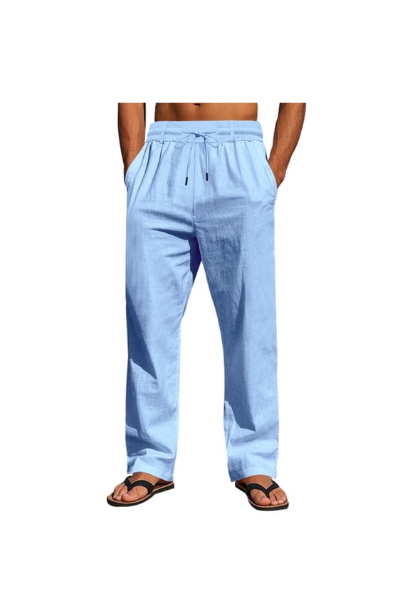 Mens Casual Linen Pants Loose Fit Elastic Drawstring Waist Straight-Legs Summer Yoga Beach Long Pants Light Blue S