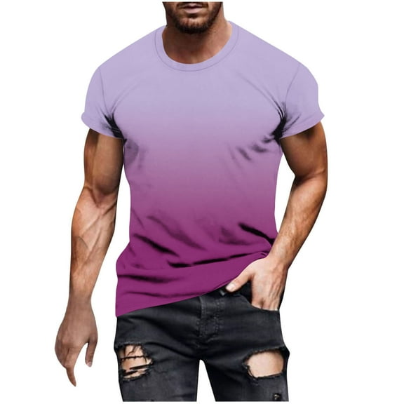 YLSDY Mens Casual Ombre Athletic Shirts Big & Tall Short Sleeve Gradient Color Workout Graphic Tees T-Shirt Trendy Blouse Purple L