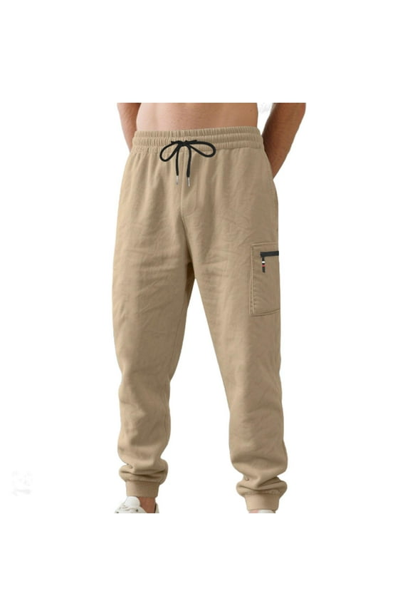 Mens Casual Pants Elastic Waist Drawstring Lightweight Summer Fall Loose Beach Straight Leg Pants with Pockets Khaki S