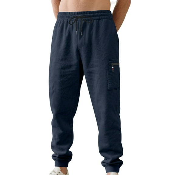 YLSDY Mens Casual Pants Elastic Waist Drawstring Lightweight Summer Fall Loose Beach Straight Leg Pants with Pockets Navy M