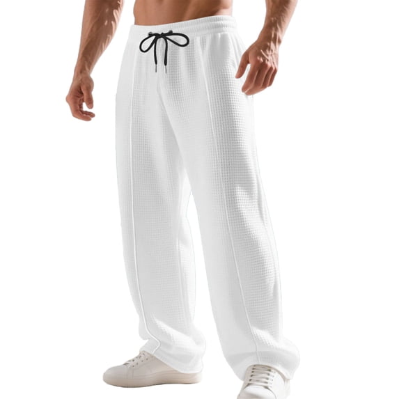 YLSDY Mens Casual Pants Elastic Waist Drawstring Lightweight Summer Loose Beach Straight Leg Pants with Pockets White L