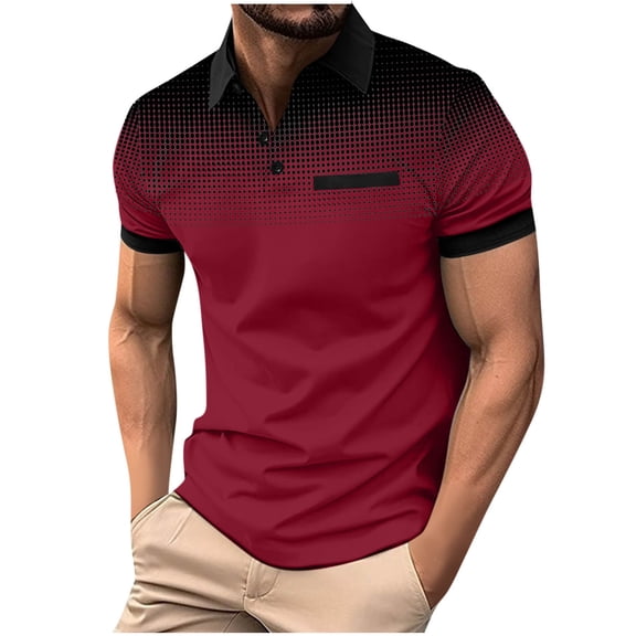 YLSDY Mens Casual Button Collared T Shirt Zipper Button Pullover Tops Patchwork Short Sleeve Blouse Classic Golf Shirt Wine L