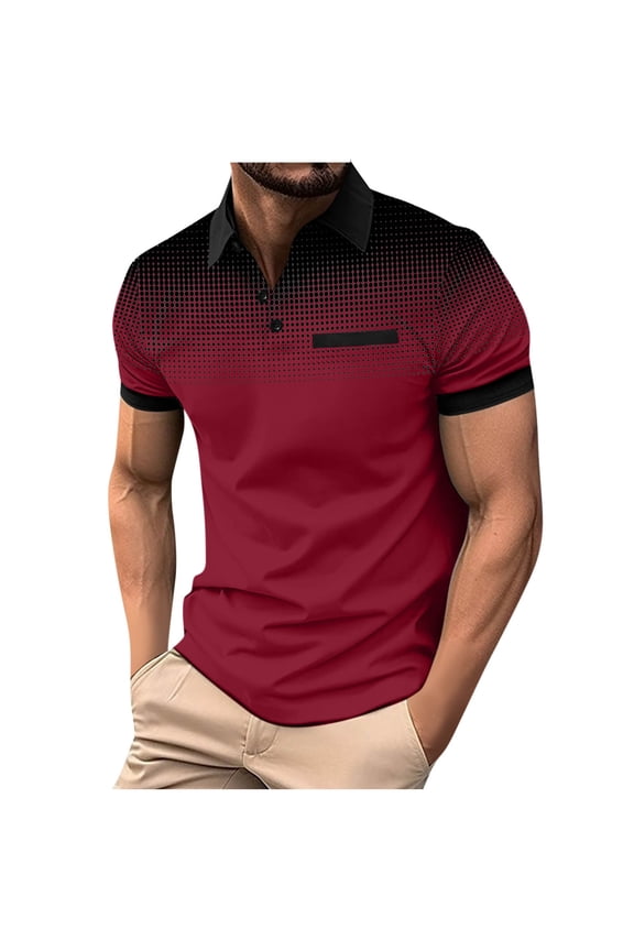 Mens Casual Button Collared T Shirt Zipper Button Pullover Tops Patchwork Short Sleeve Blouse Classic Golf Shirt Wine S