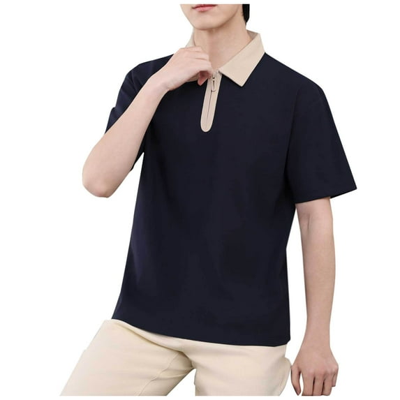 YLSDY Mens Casual Shirt Short Sleeve Zipper Patchwork Turndown Collar Golf Shirts Casual Solid Color Bussiness Tees Navy S